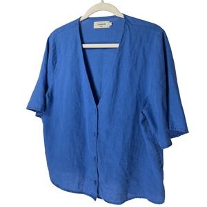Thinking Mu Hemp Blue V-Neck Button Down Short Sleeve Blouse Size L Retail: $189